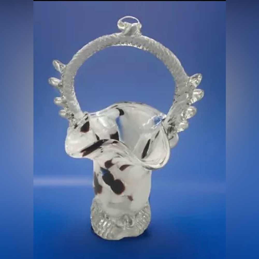 VTG Art Glass Multicolored Hand Blown Ruffled Rim Glass Basket 7.5” Tall